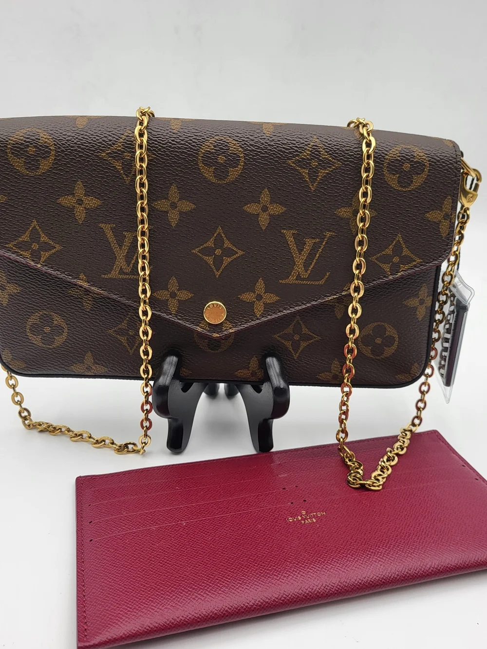 LOUIS VUITTON Monogram Pochette Felicie Chain Wallet Fuchsia, Authentic w/COA.